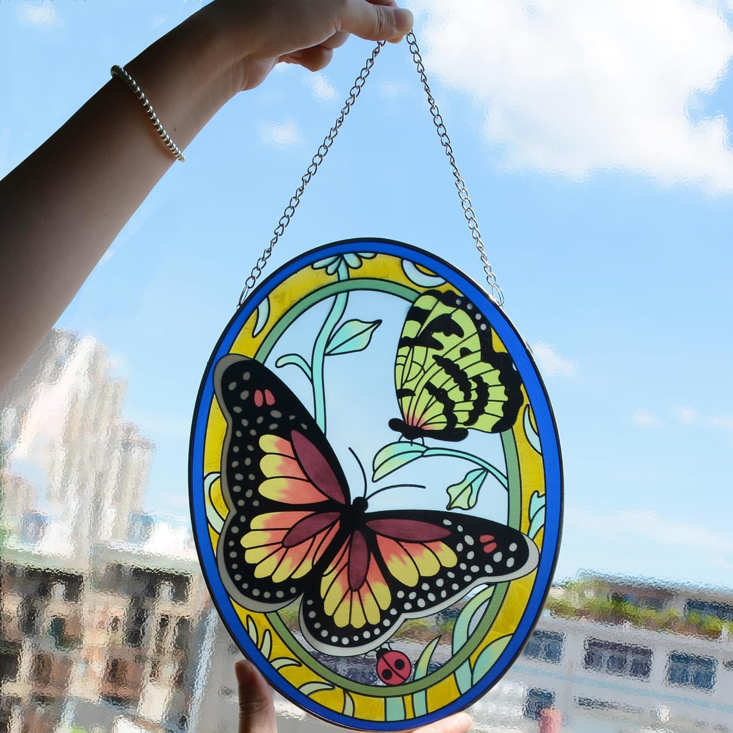 Monarch Butterfly Stained Glass Window Hanging, Butterfly Decorations Gift for Women, Stained Glass Suncatcher- Window Decor, Outdoor Hanging for Garden (10.5 inch)