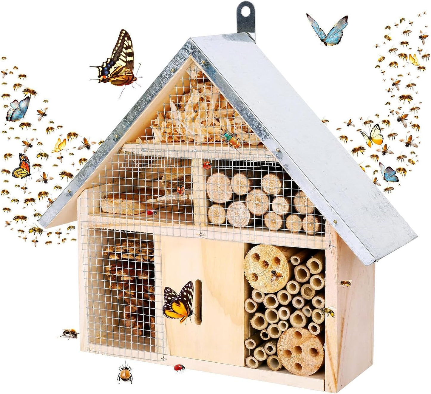 Hanging Bee House Wooden Insect House, Natural Habitat for Beneficial Bees, Bugs, Butterflys, Ladybirds Insect Hotels Garden Yard Home