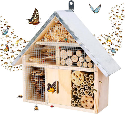 Hanging Bee House Wooden Insect House, Natural Habitat for Beneficial Bees, Bugs, Butterflys, Ladybirds Insect Hotels Garden Yard Home