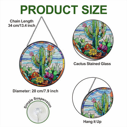Cactus Suncatcher Decor, Cactus Stained Glass Window Art Beach Decor Sea Glass Hanging - 7.9" Outdoor/Indoor Art Decor for Home Garden