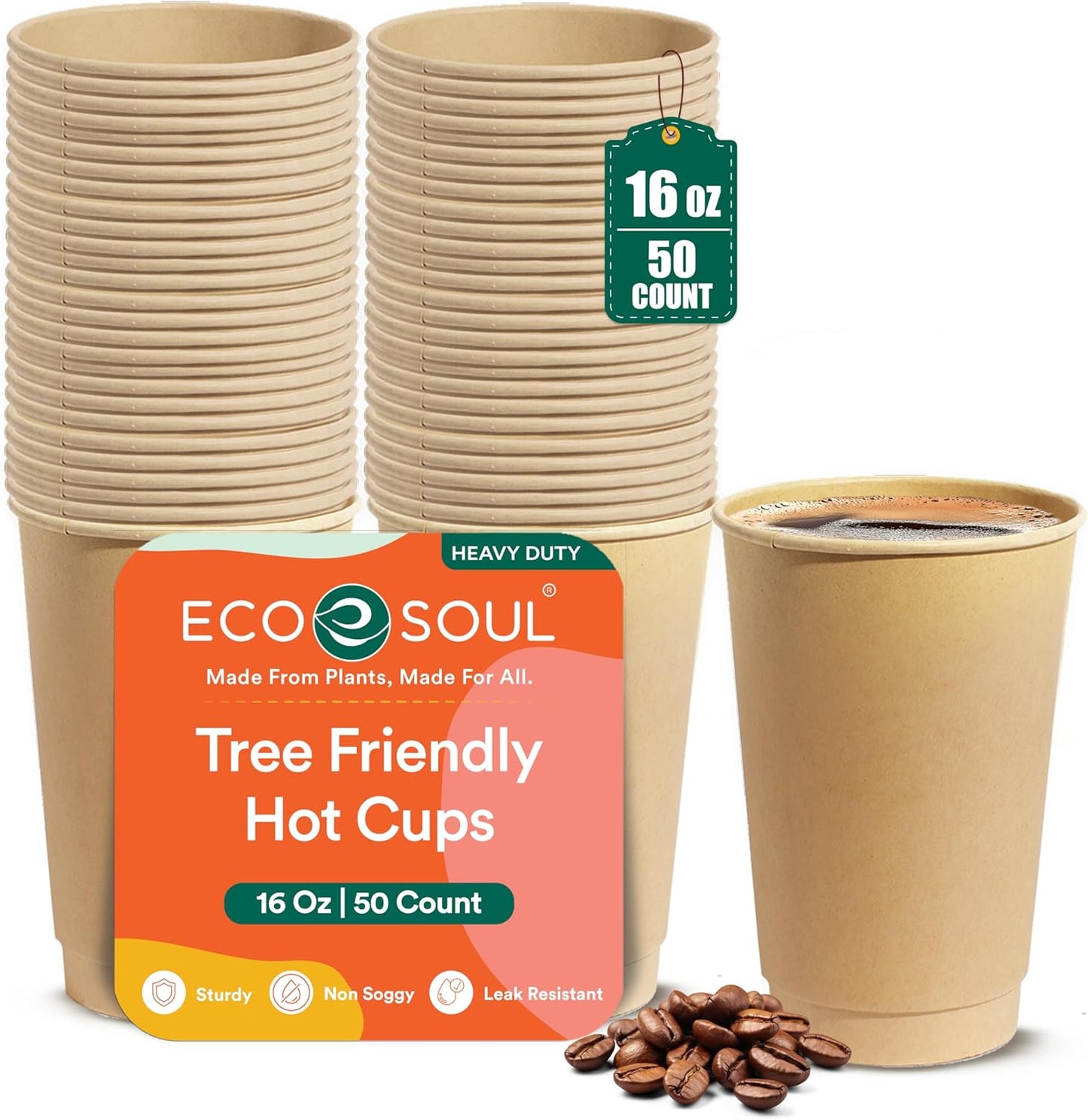ECO SOUL 100% Compostable Plant-Based 16oz Hot Cups | (50 Count, 16 oz Hot Cups) | Disposable Bagasse Paper Cups | Eco-friendly Cups | Sturdy, Microwave & Oven Safe