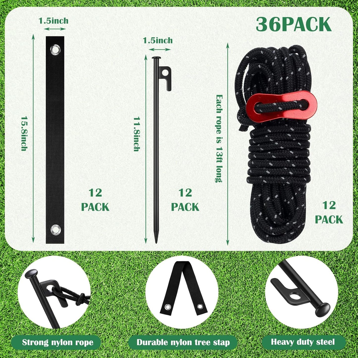 Sintuff 36 Pcs Heavy Duty Tree Stake Kits Stake and Support for Young Leaning Tree Anchor Straightening Kit, 15.8'' Support Straps, 11.8'' Steel Stakes, 13.12ft Rope(Black)