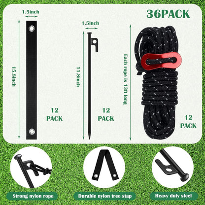 Sintuff 36 Pcs Heavy Duty Tree Stake Kits Stake and Support for Young Leaning Tree Anchor Straightening Kit, 15.8'' Support Straps, 11.8'' Steel Stakes, 13.12ft Rope(Black)