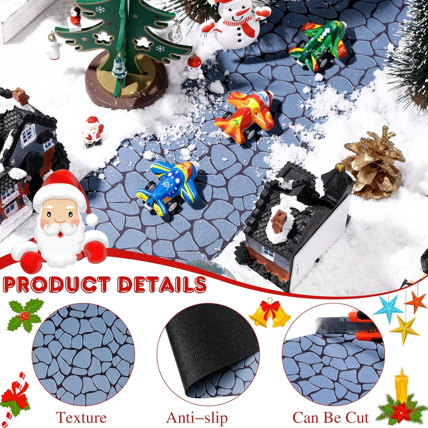 Marspark Christmas Village Accessories 5 x 50 Inch Christmas Miniature Road Village Street Mat Xmas Snow Street Decorations for Little Landscape(White Gravel Road Style)