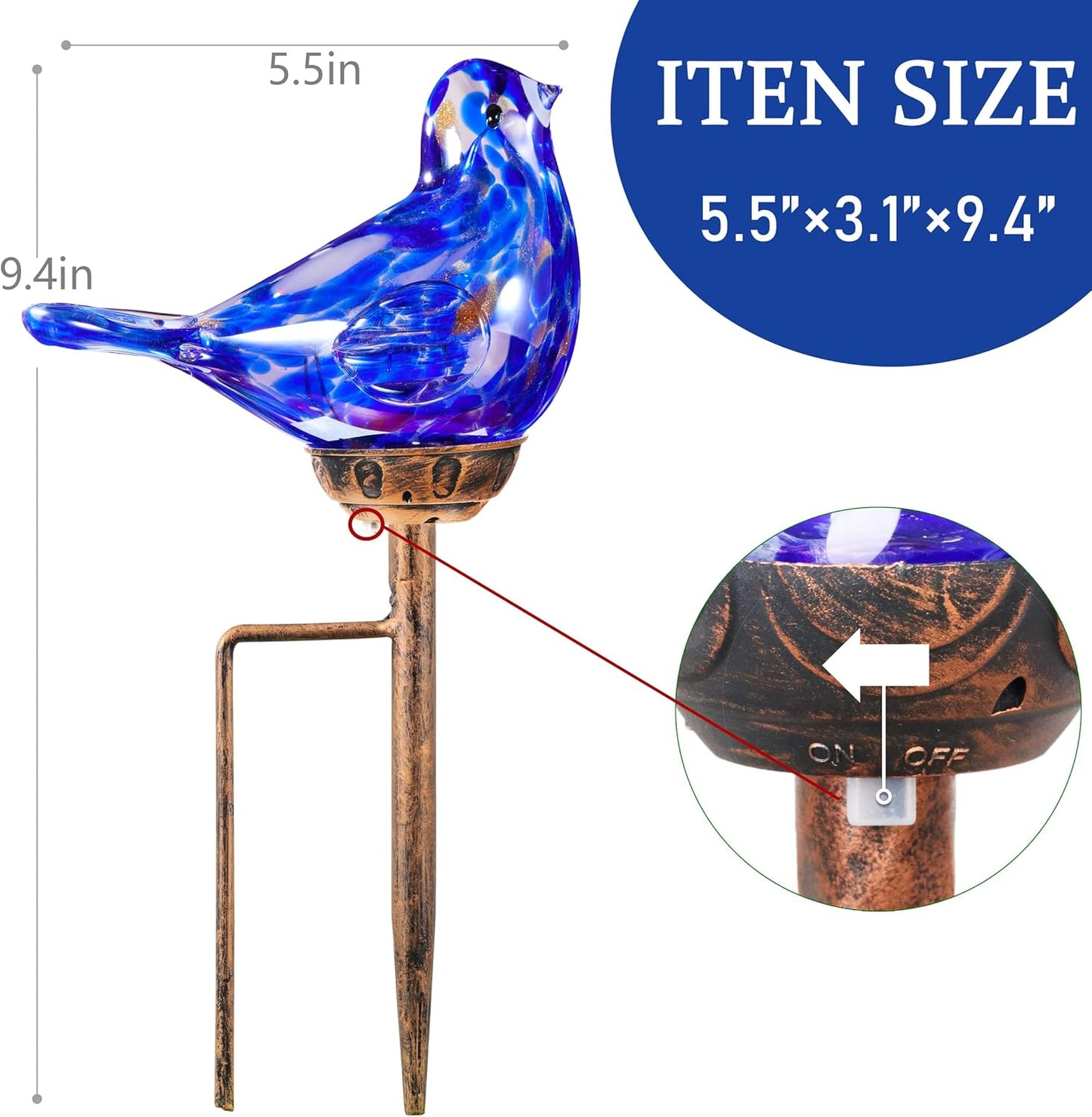 Solar Bird Garden Stake Lights - Hand Blown Glass Decorative Garden Pathway Lights Outdoor Waterproof Bird Glass Stakes (Dark Blue)