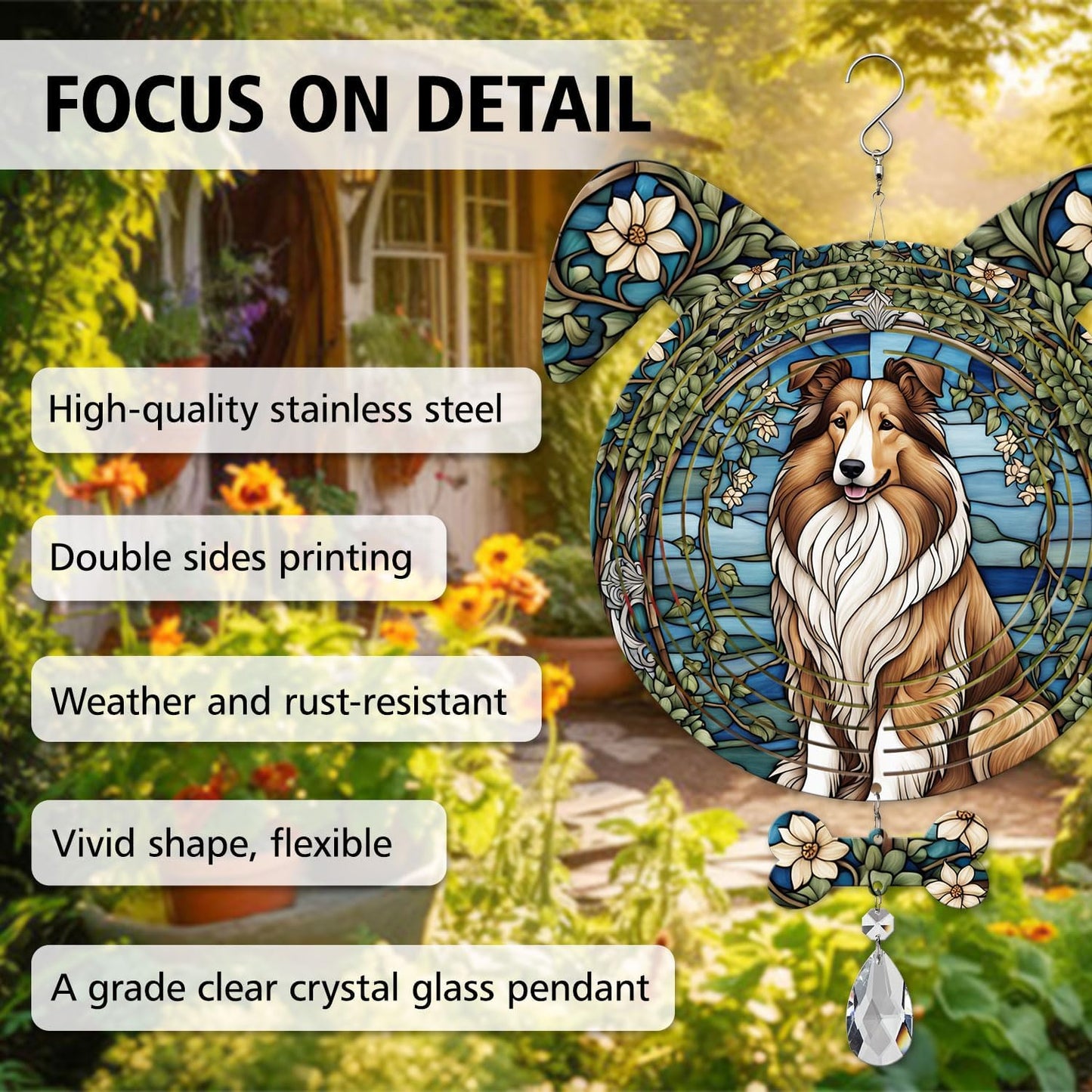 Rough Collie Dog Ears Wind Spinner, Rough Collie Wind Spinner Hanging for Yard and Garden V02