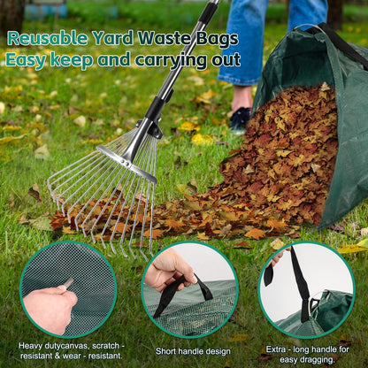 Yard Waste Bags, Leaf Dustpan, Leaves Collector, Yard Dustpan Type Garden Bag for Collecting Leaves, Garden Waste Container, with Adjustable Metal Leaf Rake Long Handle and Gloves