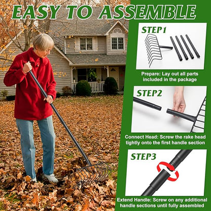 Garden Rake for Leaves, 60 Inch Heavy Duty Rakes for Lawns Yard Mulch Gathering, Metal Thatch with Adjustable Handle, Wide Bow Rake Head for Grass Deribs
