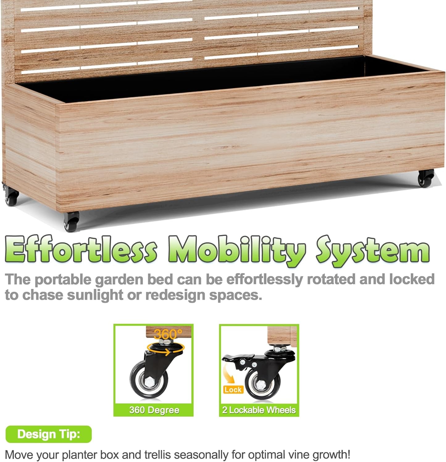 15.7"×70.9"×47.2" Metal Raised Garden Bed with Trellis and Wheels - Tall Trellis Planter Box for Climbing Plants, Vegetables & Vines - Outdoor Privacy Planters for Patio (Acacia Wood Grain)