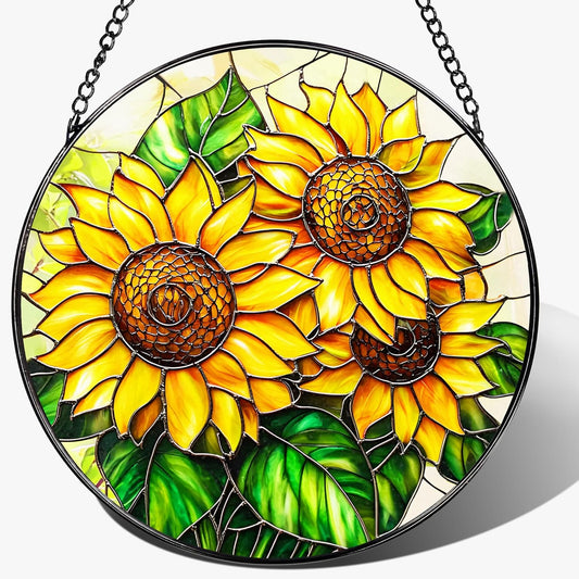 Sunflower Stained Glass Suncatcher, 8 Inch Sun Catchers Indoor Window, Stained Glass Window