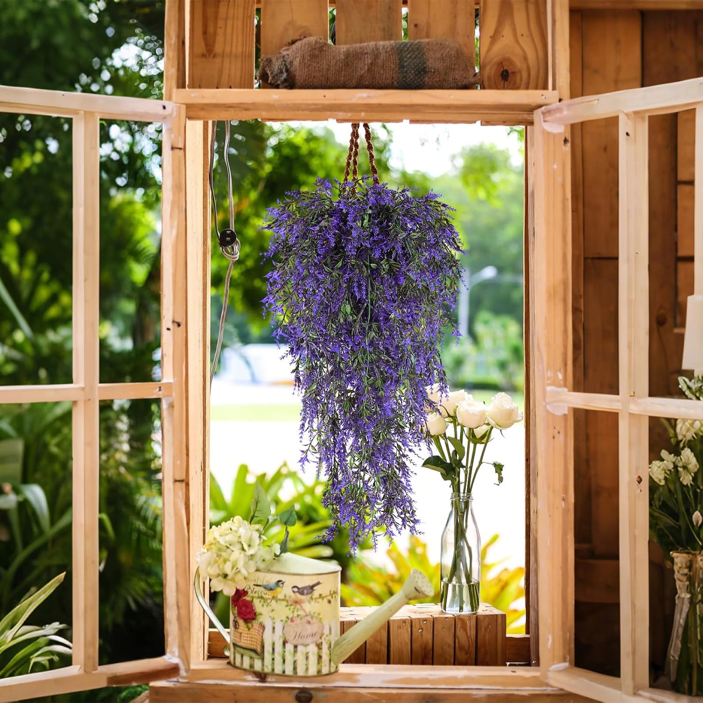 SJL Hanging Flowers Fake Hanging Plants Artificial Greenery UV Resistant Artificial Outdoor Plants Lavender Flower Faux Vines Fake Ivy Greenery for Bathroom Home Wall Bedroom Office Decor (Purple)