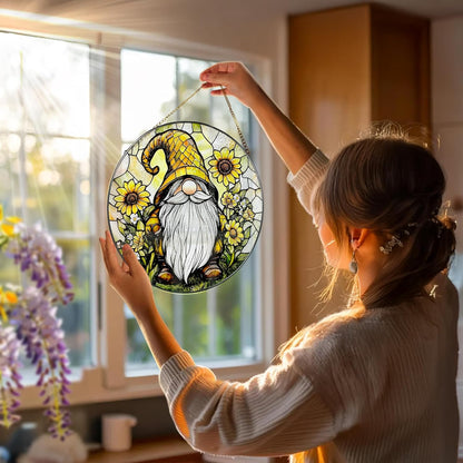 8″ Stained Glass Window Hanging Ornament, Sunflower Gnome Stained Glass Suncatcher Ornament, Sun-Catcher Window Decor | Christmas & Birthday Gifts, Festival Gifts | Gift for Her