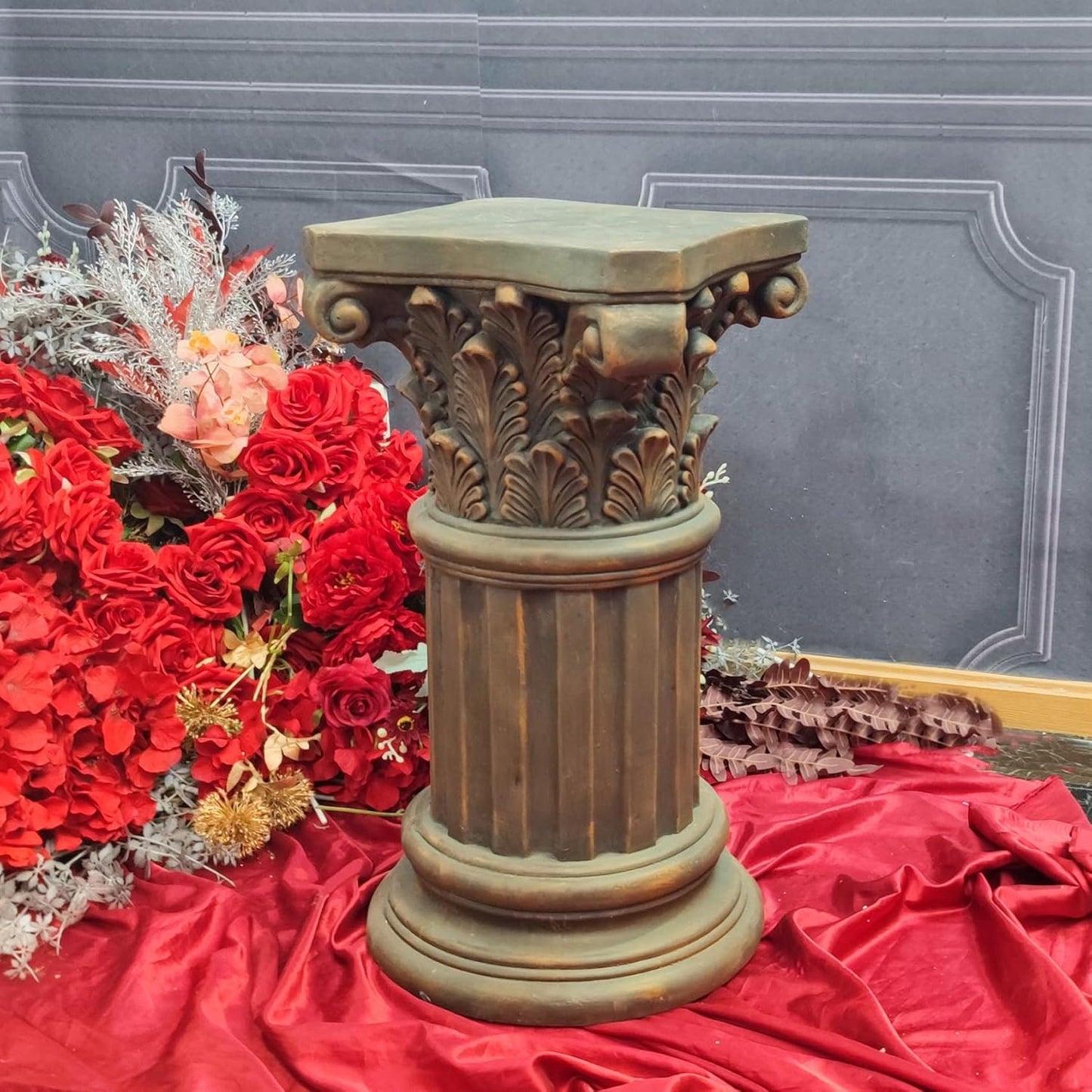 OUTOUR Exquisite Magnesium Oxide Corinthian Greek Column Pillar with Stand Base Pedestal for Indoor Outdoor Garden Pedestals Backyard Courtyard Patio Office Decor23.8’’High,Dark Bronze