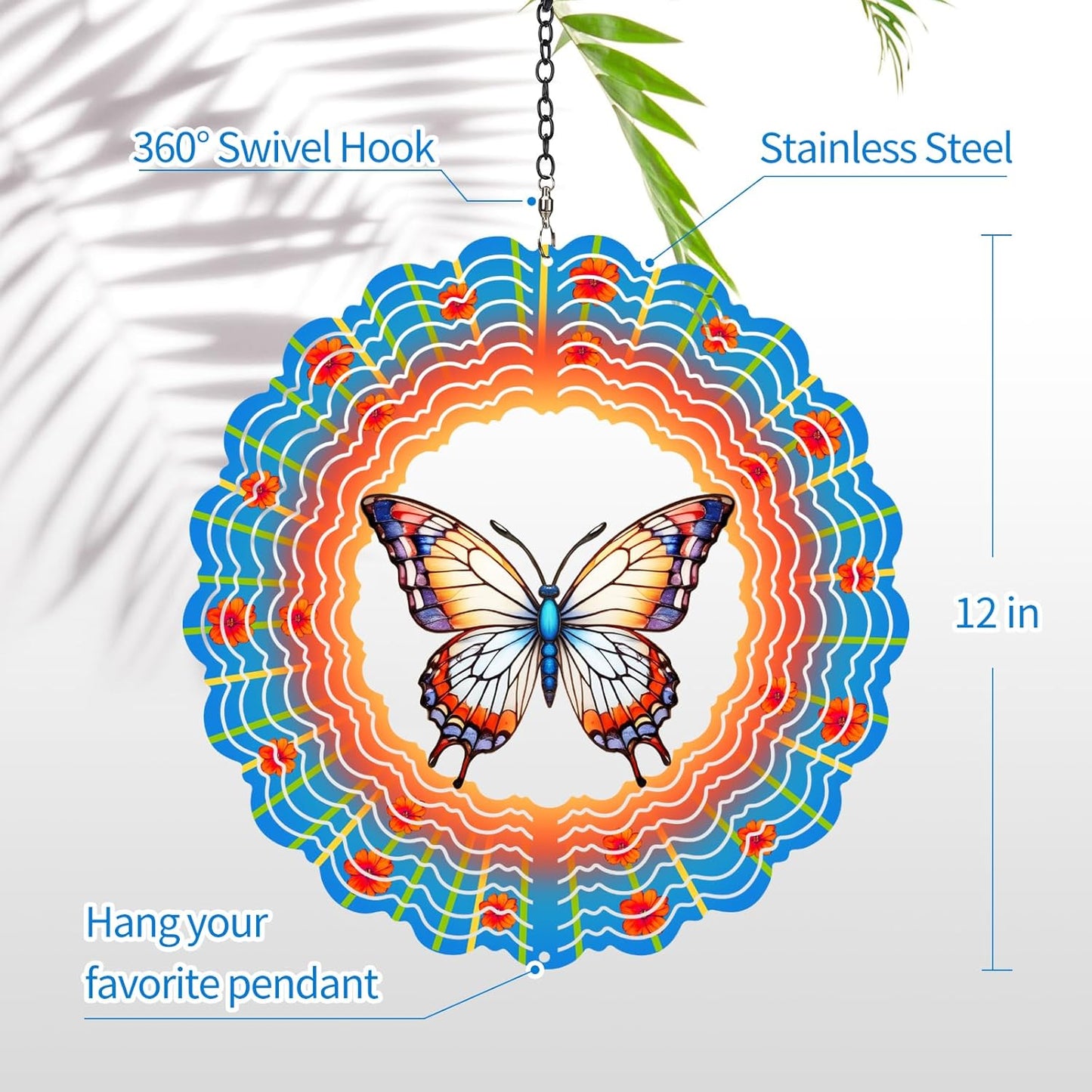 Butterfly Wind Spinners Garden Decor as Birthday Gifts for Women Mom,12 inch 3D Stainless Steel Hanging Wind Spinner Metal Catchers Kinetic Sculpture for Outdoor Decor, Patio,Yard Decorations