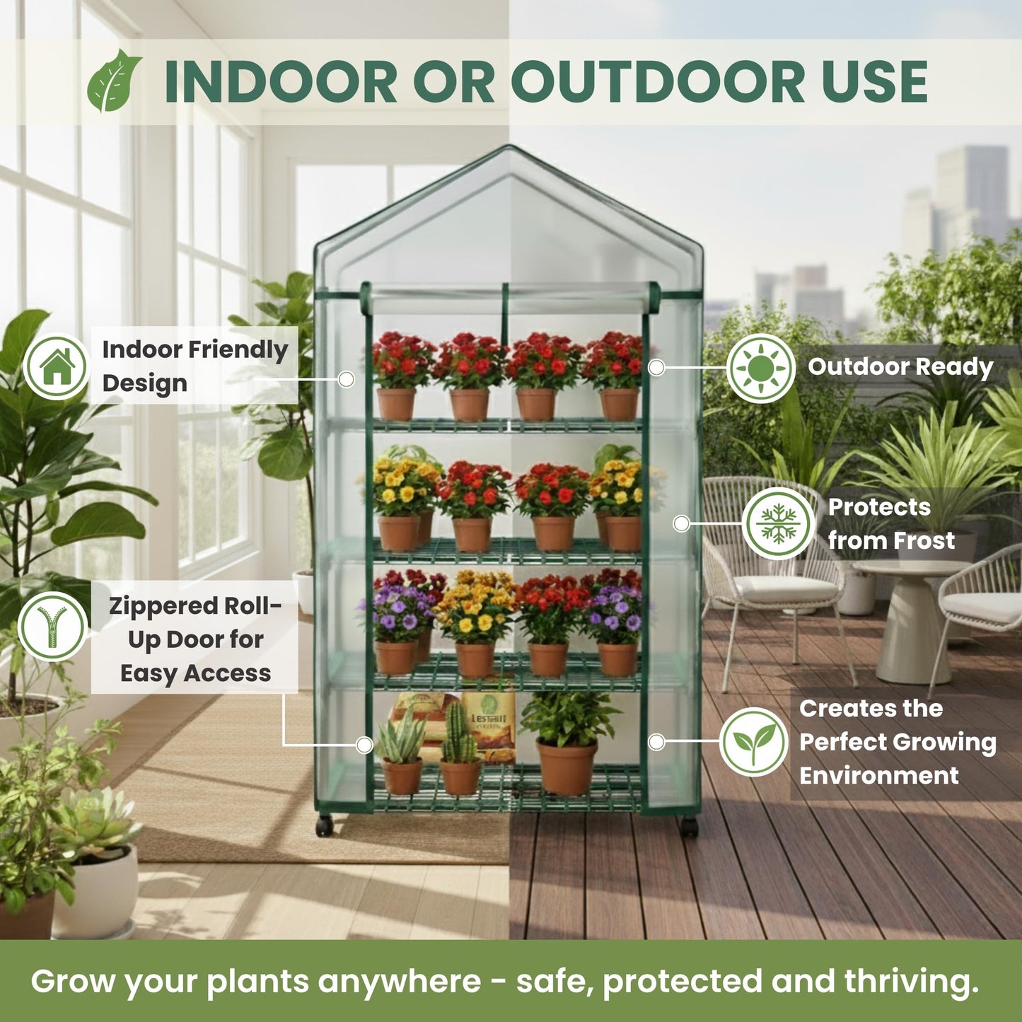 4 Tier Mini Greenhouse - Portable Greenhouse with Locking Wheels and PVC Cover for Indoor or