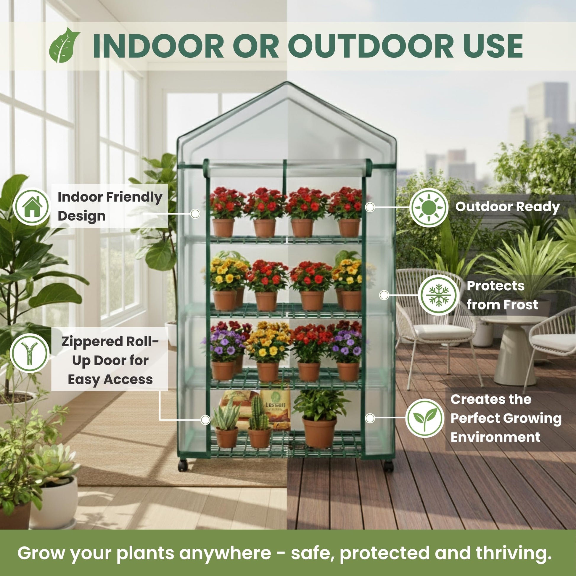 4 Tier Mini Greenhouse - Portable Greenhouse with Locking Wheels and PVC Cover for Indoor or