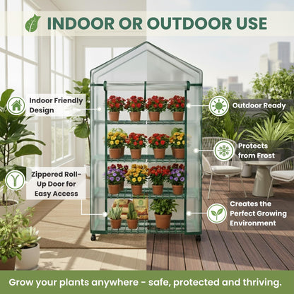 4 Tier Mini Greenhouse - Portable Greenhouse with Locking Wheels and PVC Cover for Indoor or