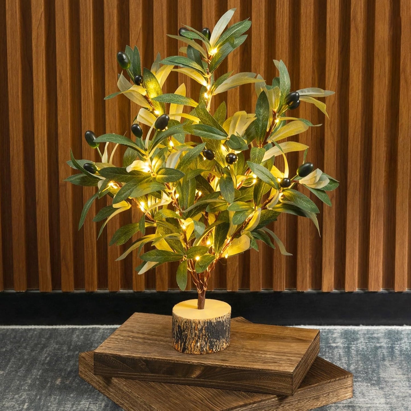 Lighted Tabletop Olive Tree, Artificial Greenery Tree Indoor 19IN 49 Warm White Led with Timer, Battery Operated for Spring Summer Home Office Decorations