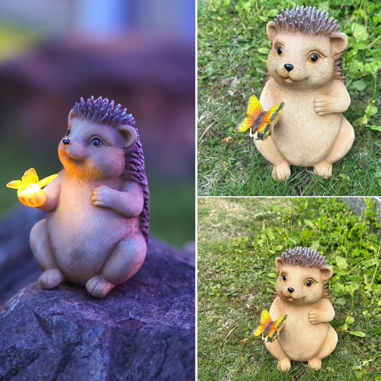 Solar Hedgehog Outdoor Statues Garden Decor with Butterfly LED Lights Hedgehog Statues for Patio Balcony Yard Lawn Ornament, Birthday Gardening Gifts for Mom Grandma Women