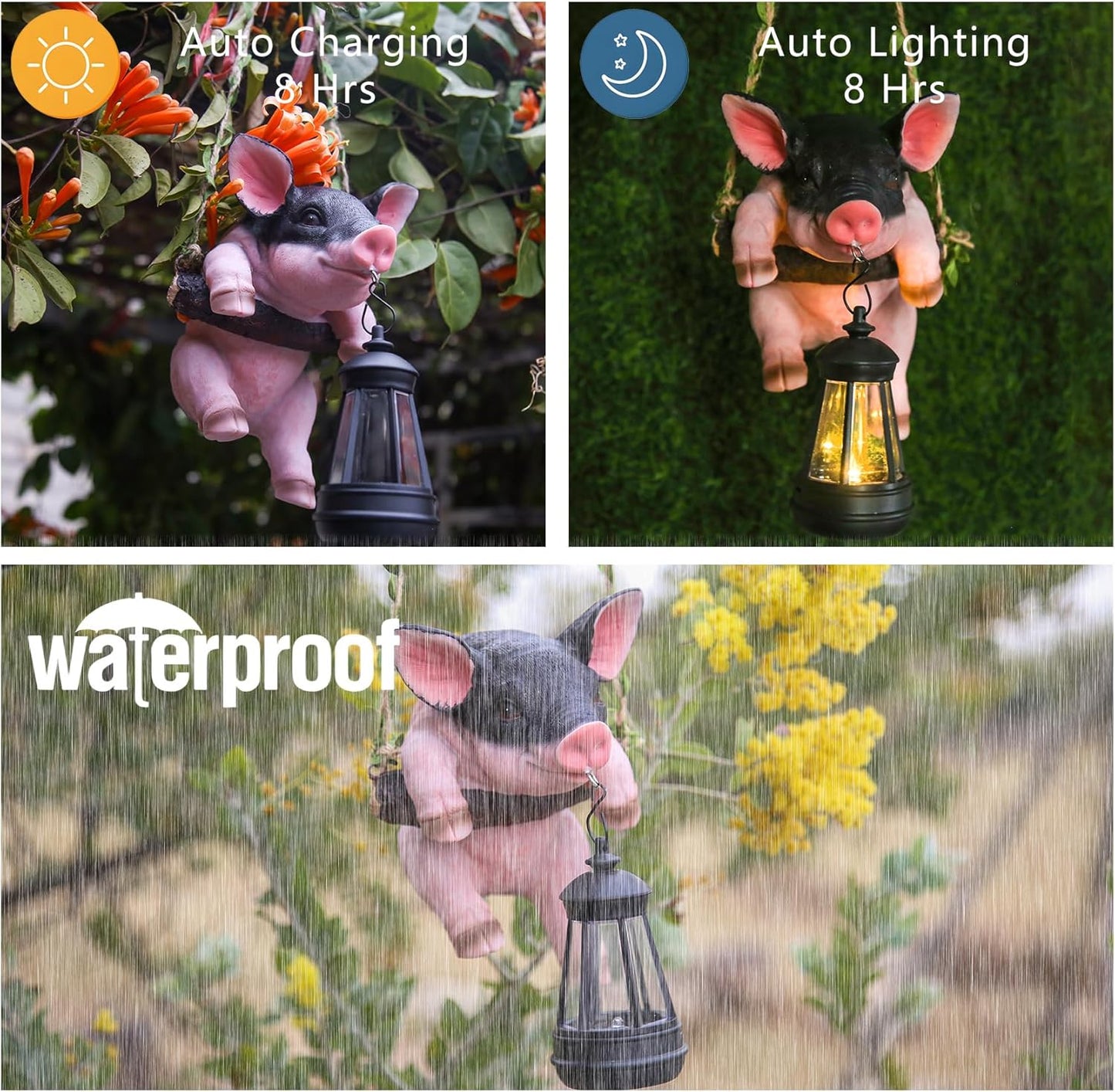 Hanging Pig Garden Lantern, Solar Light Holder, Outdoor Decorative Animal Statue with Rope