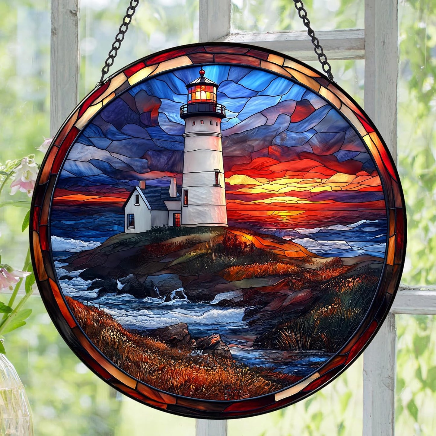 Coastal Lighthouse in Autumn Suncatcher -7.9 in Stained Glass Window Hanging Sun Catcher Garden Decor
