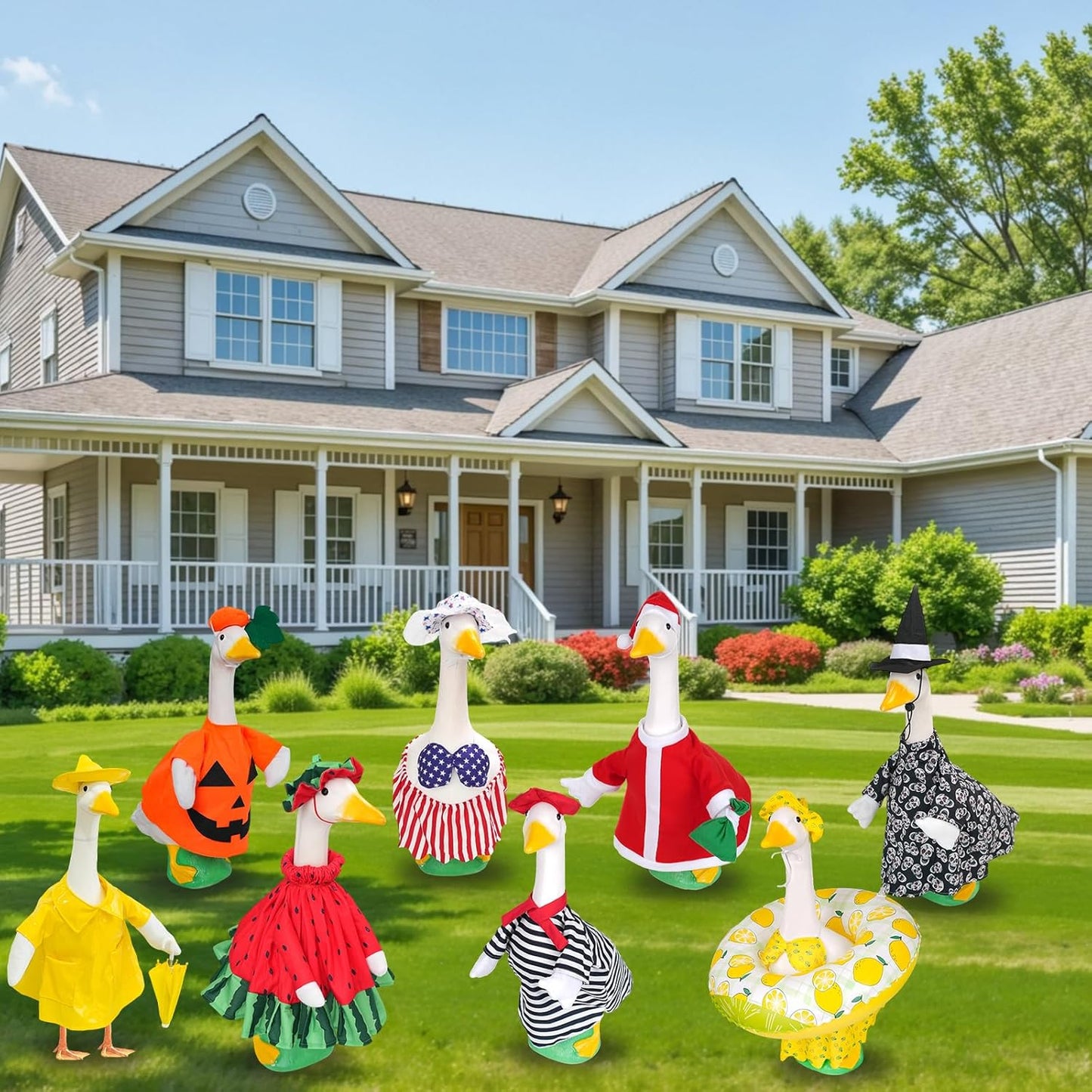 8 Sets Seasonal Holiday Porch Goose Outfits Summer Outfits Fall Halloween Christmas Birthday All Seasons Garden Goose Clothes for 23" Cement Statue Lawn Patio Outdoor Decoration(Classic Style)