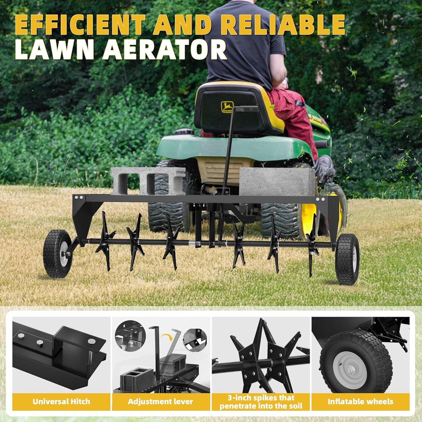 40" Lawn Aerator Tow Behind, Pull Behind Aerator with Universal Hitch, 24 Galvanized Steel Tines, Tray and Pneumatic Tires, Plug Behind Aerator is Suitable for Gardens, Lawns and Farms