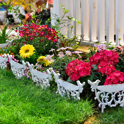 Sungmor Decorative Cast Iron Garden Edging Border, 4 Pack White Landscape Edging Low Picket Fence, 9.9inch Tall Outdoor Flower Bed Lawn Fence Panels, Vintage Metal Yard Decor Stakes