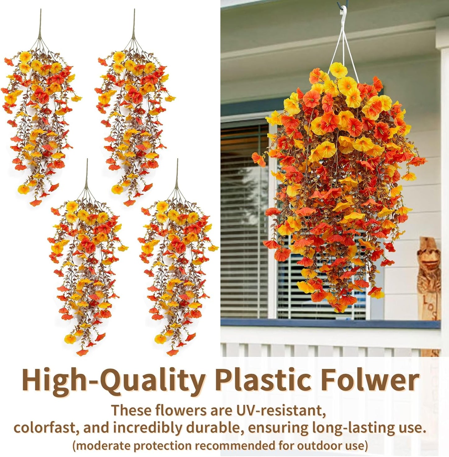 4 Pack Fall Artificial Faux Hanging Flowers Plant for Outdoor, Autumn Fake Silk Morning Glory with Eucalyptus UV Resistant Realistic Trailing Vine for Wall Home Porch Patio Balcony Yard Indoor Decor