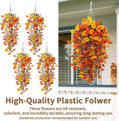 4 Pack Fall Artificial Faux Hanging Flowers Plant for Outdoor, Autumn Fake Silk Morning Glory with Eucalyptus UV Resistant Realistic Trailing Vine for Wall Home Porch Patio Balcony Yard Indoor Decor