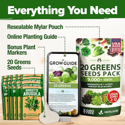 HOME GROWN 21,600+ Lettuce Seeds for Planting - 20 Heirloom Varieties, Non-GMO USA - Romaine, Butterhead, Iceberg, Leaf Lettuce, Spinach & Kale - Indoor, Outdoor & Hydroponic Garden Kit