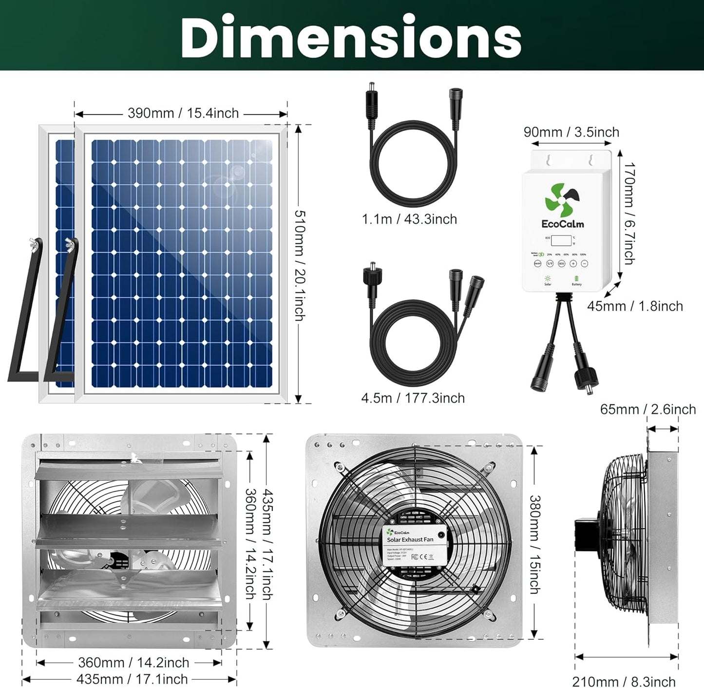 14" Solar Exhaust Fan for Greenhouse with Battery and Adjustable Thermostat, Attic Fans for Garage and Shed with 2PCS 30W Bifacial Solar Panels