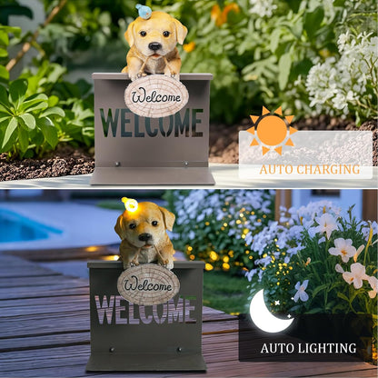 Garden Dog Statues with Solar Bird, Solar Labrador Puppy Statue with Welcome Fence Base Outdoor Sculptures Garden Decorations for Patio, Lawn, Yard, Housewarming Gifts for Mom Women Grandma