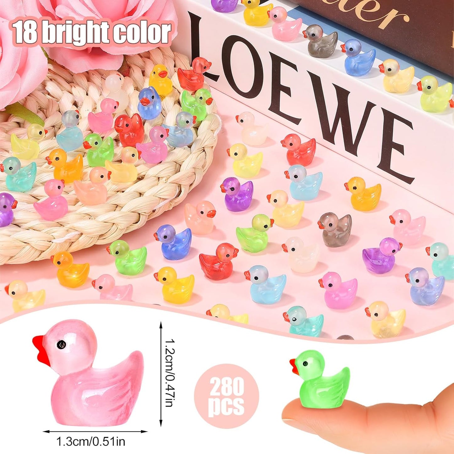 280 pcs Luminous Mini Resin Ducks, Glow in The Dark Tiny Ducks Figures to Hide, Bulk Plastic Duck Miniature for Dollhouse Micro Landscape Aquarium Potted Cake Decor DIY Craft Gifts Party Favors