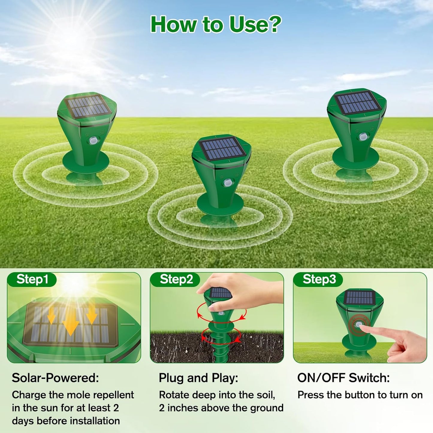 Mole Repellent Solar Powered Ultrasonic, Gopher Repellent Outdoor for Lawn Garden Yard,Waterproof Mole Killer Traps,Sonic Spikes Get Rid of All Pests Gopher Vole Groundhog Chipmunk Snake, 2 Pack-Green