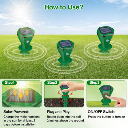 Mole Repellent Solar Powered Ultrasonic, Gopher Repellent Outdoor for Lawn Garden Yard,Waterproof Mole Killer Traps,Sonic Spikes Get Rid of All Pests Gopher Vole Groundhog Chipmunk Snake, 2 Pack-Green