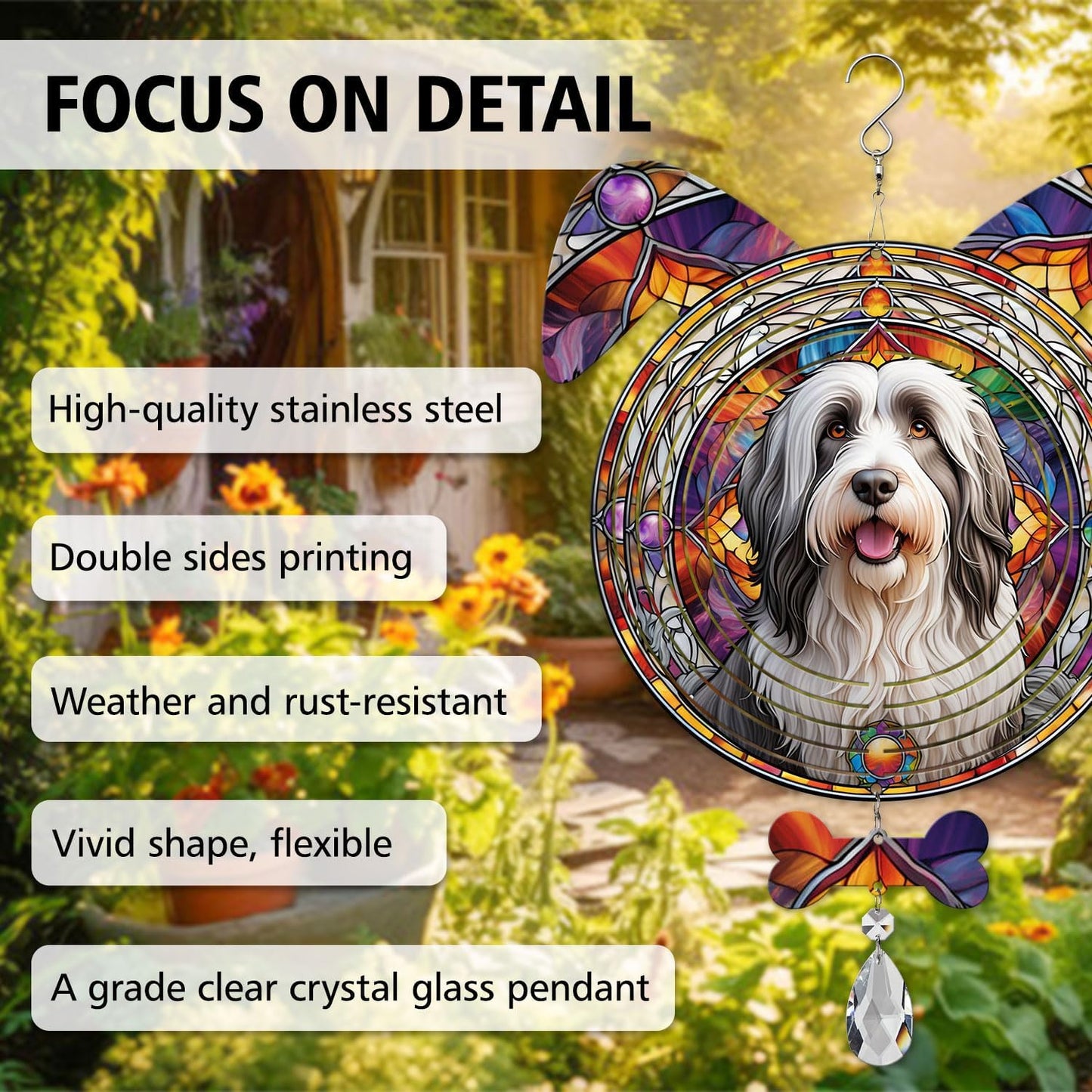 Bearded Collie Dog Ears Wind Spinner, Bearded Collie Wind Spinner Hanging for Yard and Garden