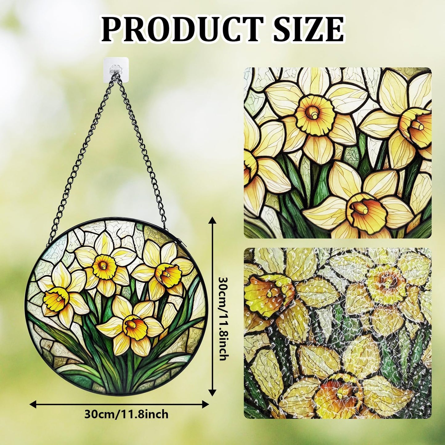 Stained Glass Window Hanging, Daffodil Flower Diamond Glass Panel Suncatcher Plant Sun Catchers for Home Garden Balcony Window Wall Decor, Gifts for Women,Mom (11.8 Inch)