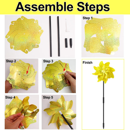 10 Packs Pinwheels Gold Reflective Wind Spinner Garden Pinwheel Sparkly Windmills Scare Birds Animal Away Wind Spinners for Yard and Garden Decor
