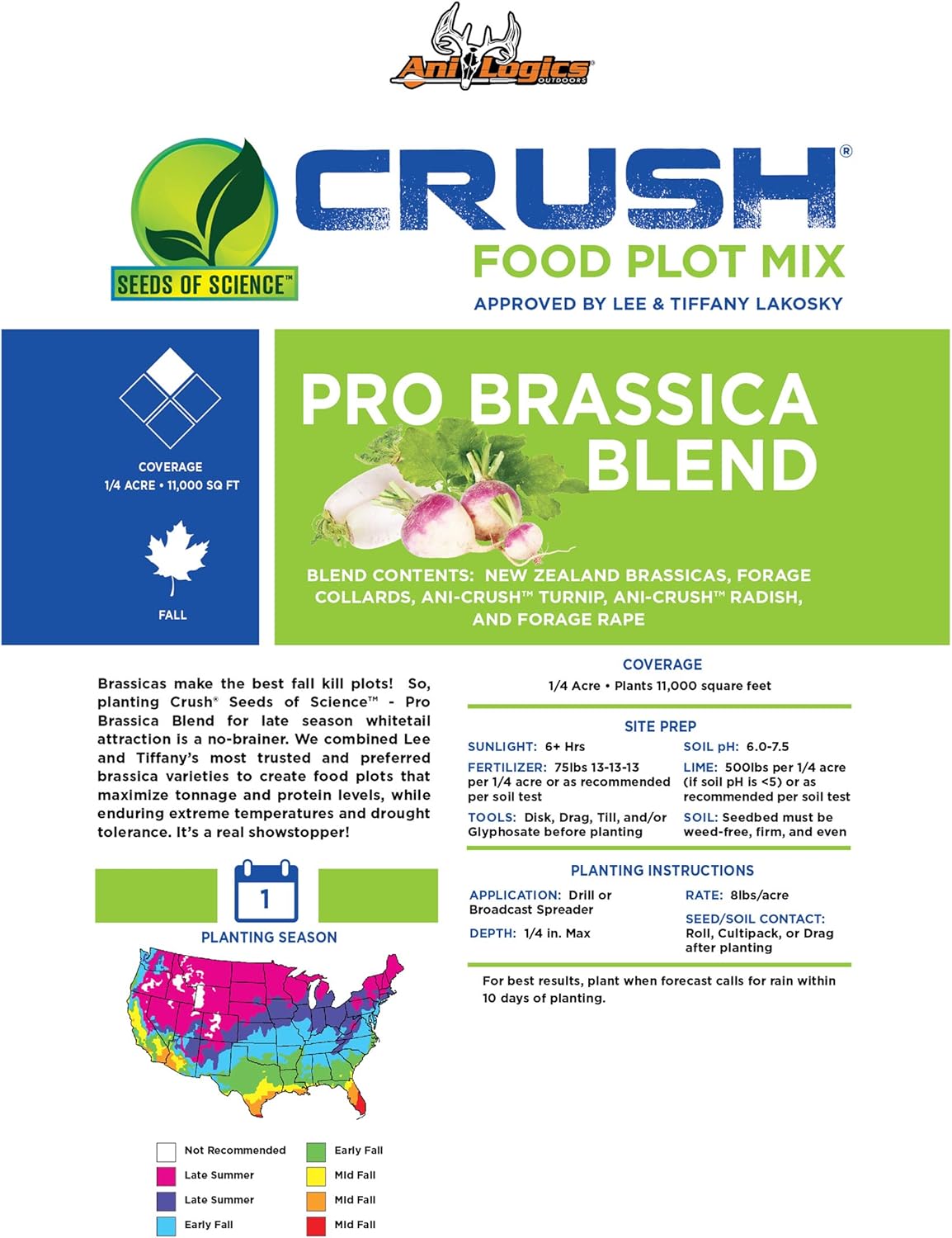 Crush Pro Brassica Blend - Fall Deer Food Plot Seed - Frost-Sweetened Brassicas for Heavy Graze, Strong Trail-Cam Traffic, and Repeat Site Visits - 2 lb