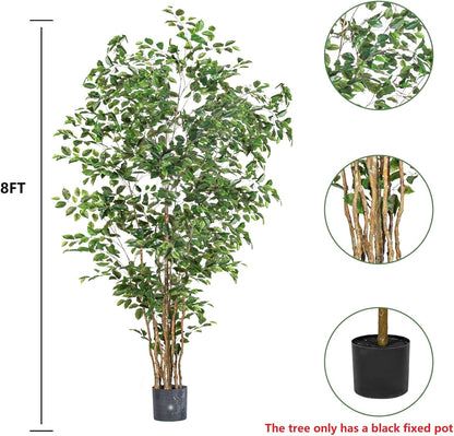 Artificial Ficus Tree Indoor 8ft, Large Potted Faux Tree with Realistic Silk Leaves & Trunk for Home Office, Living Room Corner Decor