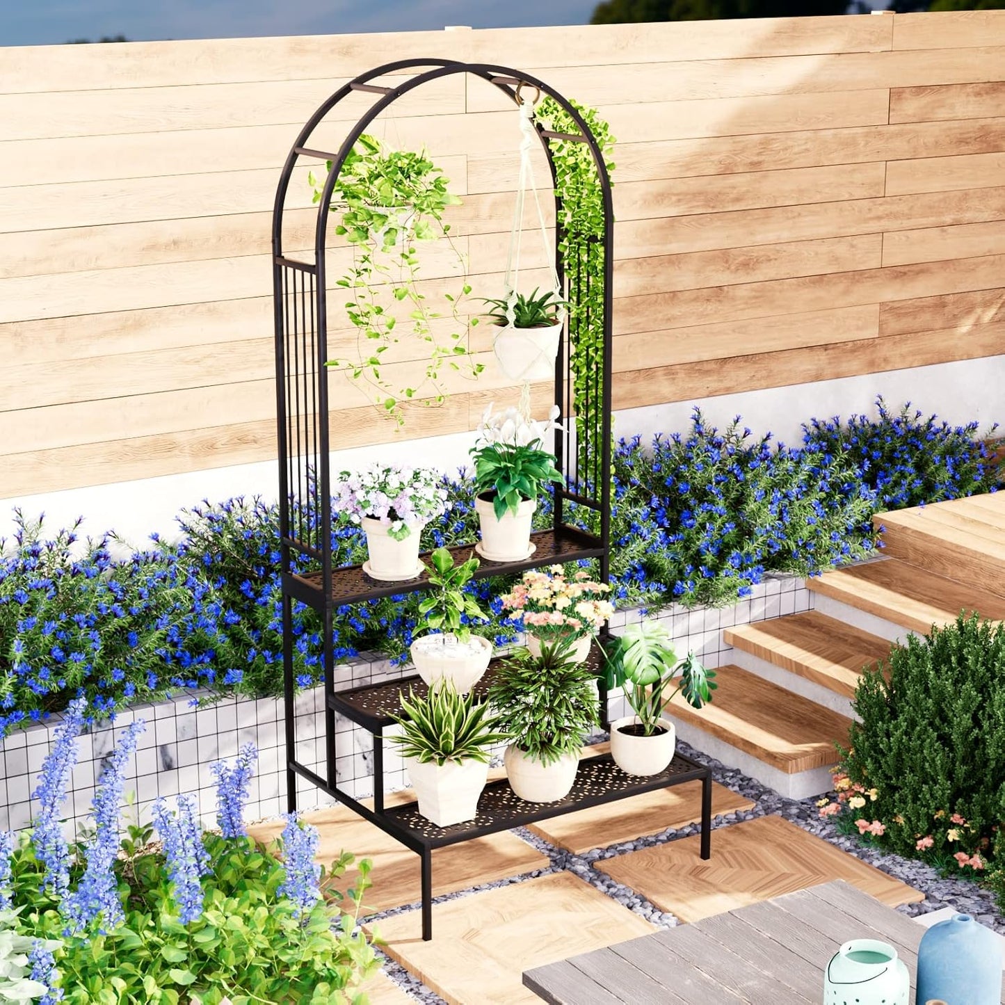 Garden 4 you 3 Tier Metal Plant Stand Garden Arch Arbor Trellis for Outdoor Display Shelf Flower Pot Holder Storage Organizer Rack for Indoor Home,Patio Balcony Yard(Black, Arch)…