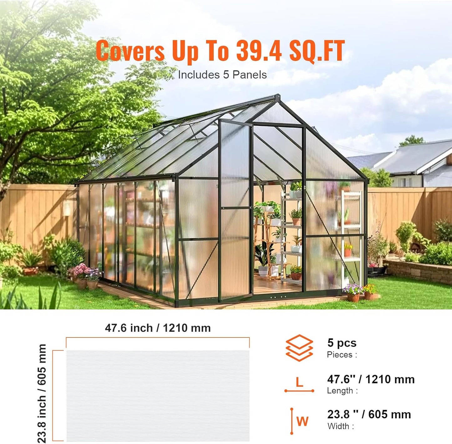 VEVOR 5 Pack Polycarbonate Greenhouse Panels, 2' X 4' X 0.32'' Roof Panels Sheets, Waterproof UV Protected Corrugated Plastic Roofing, Impact Resistance Clear Roofing Sheets for Greenhouse/Garden