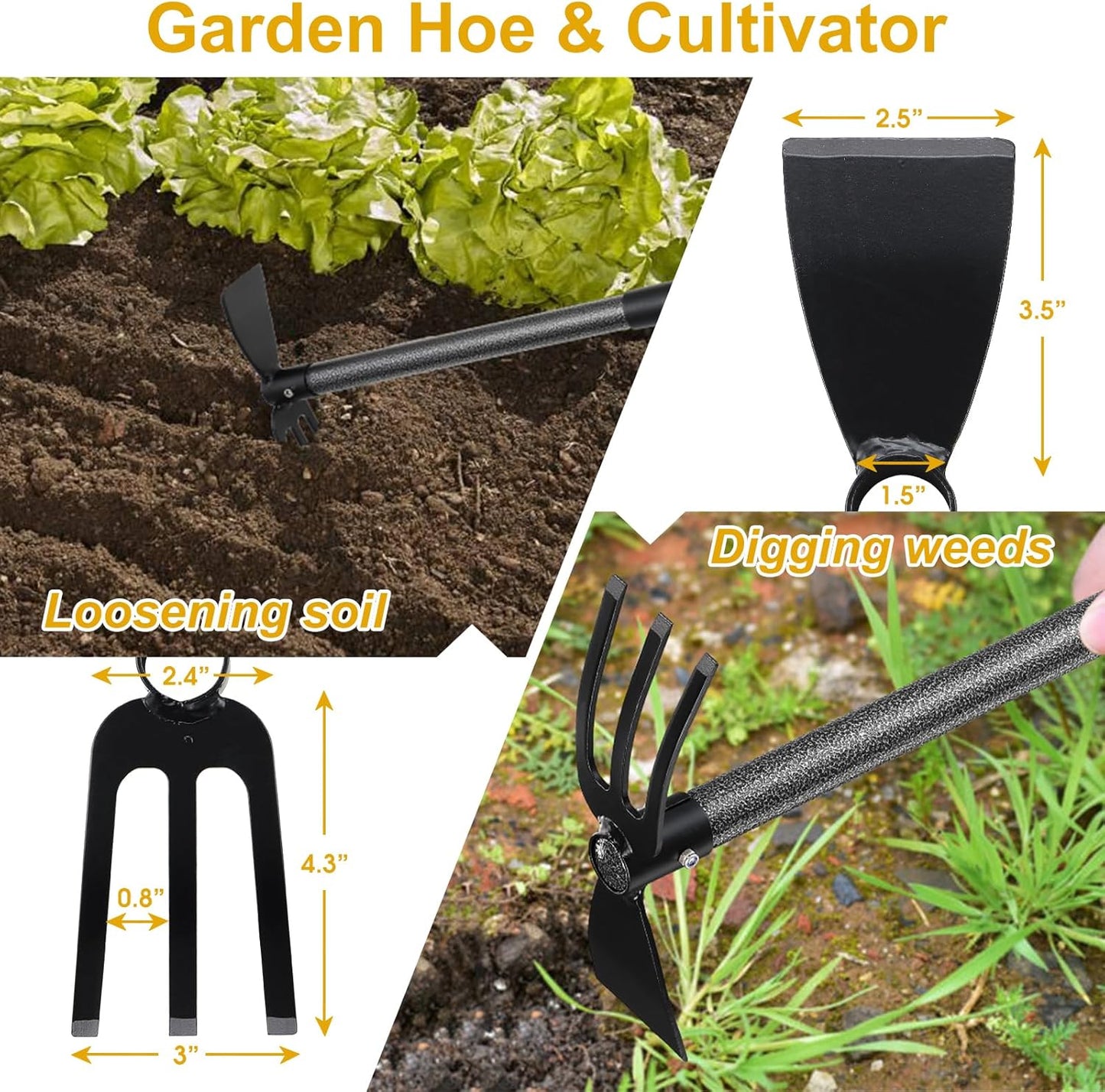 Garden Hoe, 2 in 1 Hand Hoe Garden Tools,60 Inch Long Handle,Garden Hoe and Cultivator for Weeding Cultivating Planting, Small Hand Rake Tiller for Flower Bed Gardening, Loosening Soil