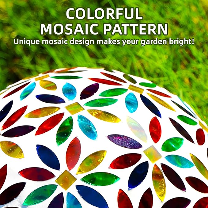 VOREEN Mosaic Glass Gazing Ball Outdoor Gazing Globe, Handmade Reflective Ball Yard Decoration for Homes, Patio, Lawn and Gardens, Gift for Mom Wife Friend, 10-Inch, Multi Colored Flowers Design