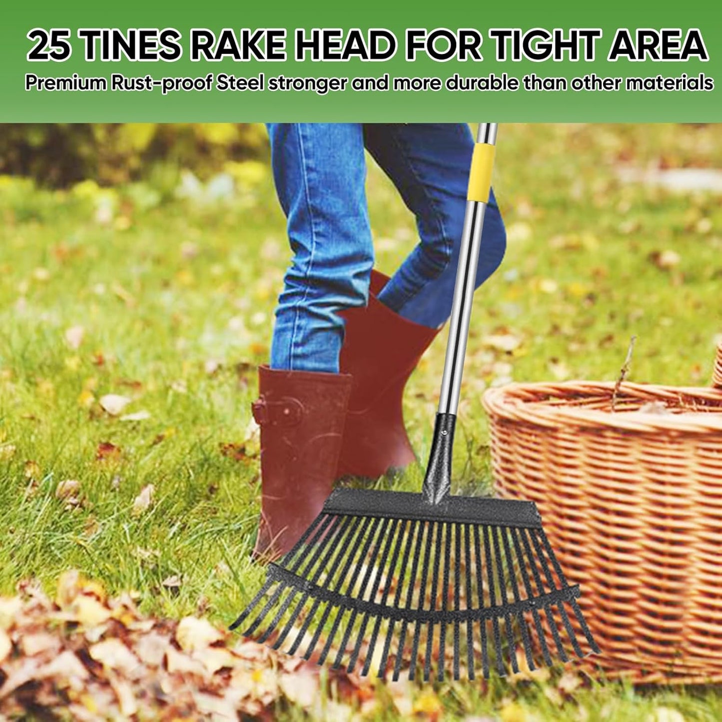 Rake Heavy Duty 6FT Long Garden Rakes , 18.5 Inch Wide Leaf Rake for Lawns, 25 Metal Tines, Adjustable Stainless Steel Handle for Leaves, Yards, Grass, Garbage, Weeds, Debris (Yellow)