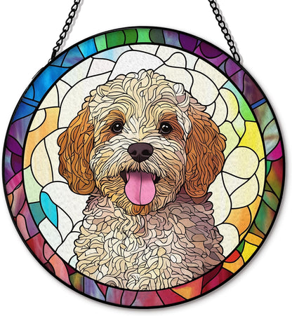 Cockapoo Dog Suncatcher Stained Glass Garden Window Hanging, Cockapoo Gifts Sun Catchers Indoor Window Glass Round Wall Decor, Dog Wall Art Hanging Decorations, ＂7.8x7.8＂