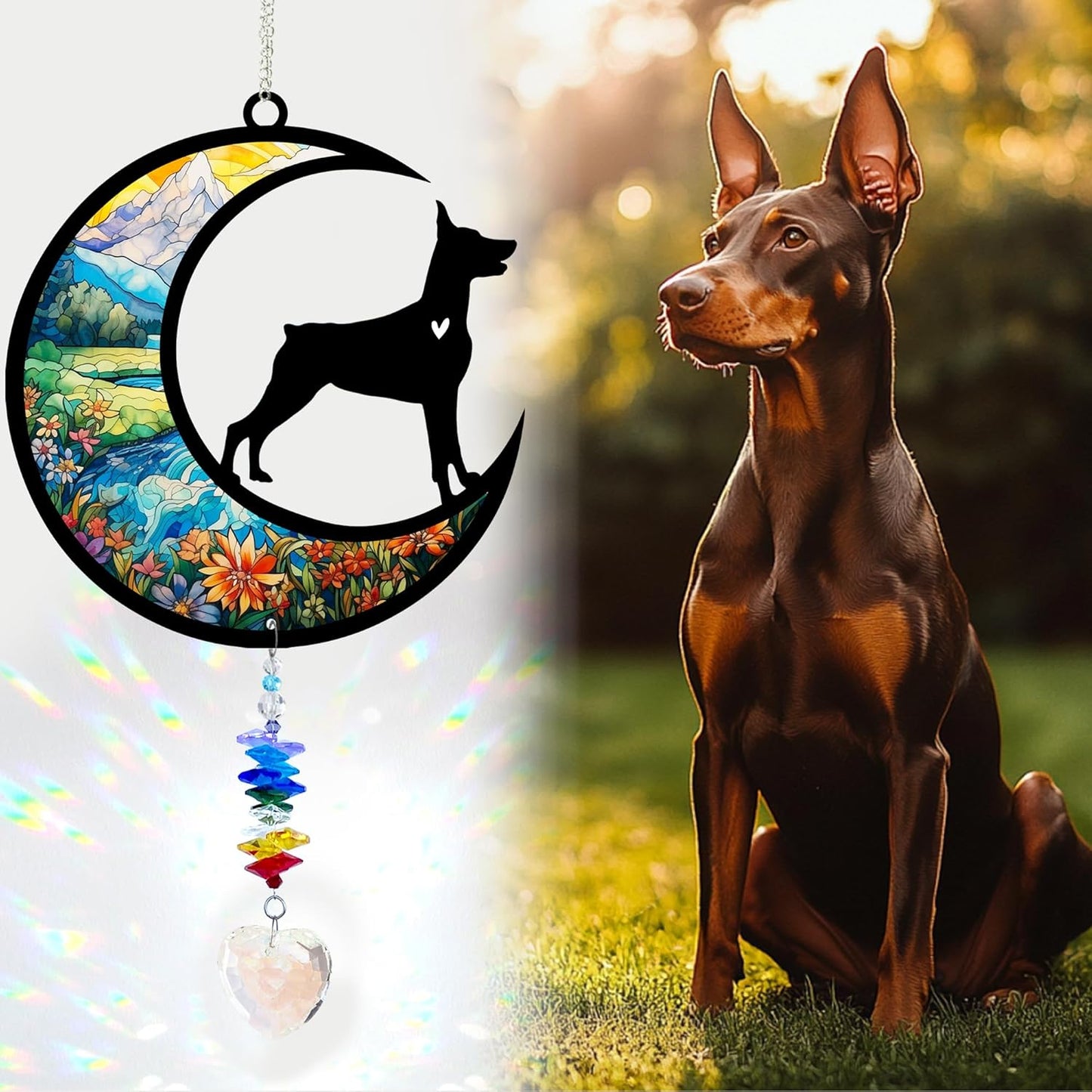 Doberman Suncatcher, Personalized Pet Loss Gift with Name & Date, Heart-Shaped Crystal Sun Catcher, Dog Remembrance Sympathy Rainbow Maker for Window & Garden