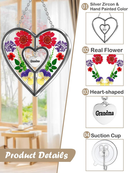 KY&BOSAM Suncatcher Grandma Gifts Heart Stained Glass Wind Chimes for Outside Really Flower Colorful with Meatl Grandma Heart Charm Outdoor for Garden Windows Indoor Home Trees Patio Yard Porch Decor