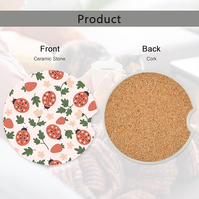 Pink Ladybug Strawberry Car Coasters,Ceramic Absorbent Cup Holders with Finger Notch & Cork Base Car Assecories for Women/Men 2.6"(2 Pieces)